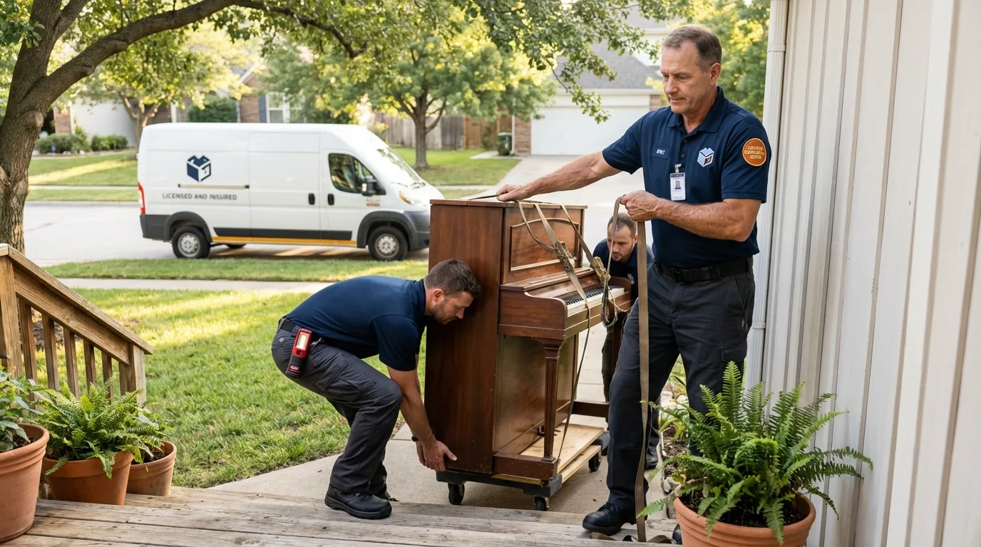 Licensed piano movers securing grand piano in Lake City, MN