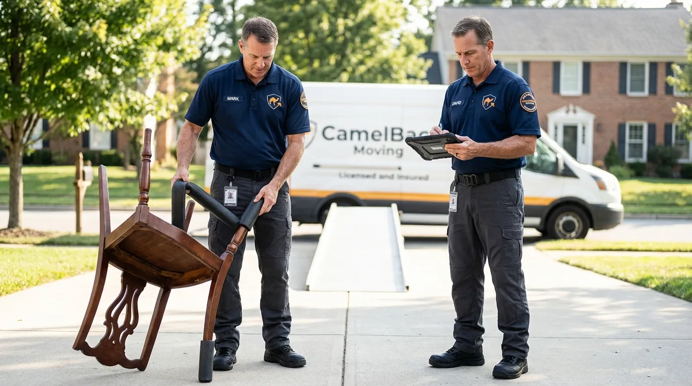 Movers inspecting furniture for damage prevention before loading in Lake City, MN