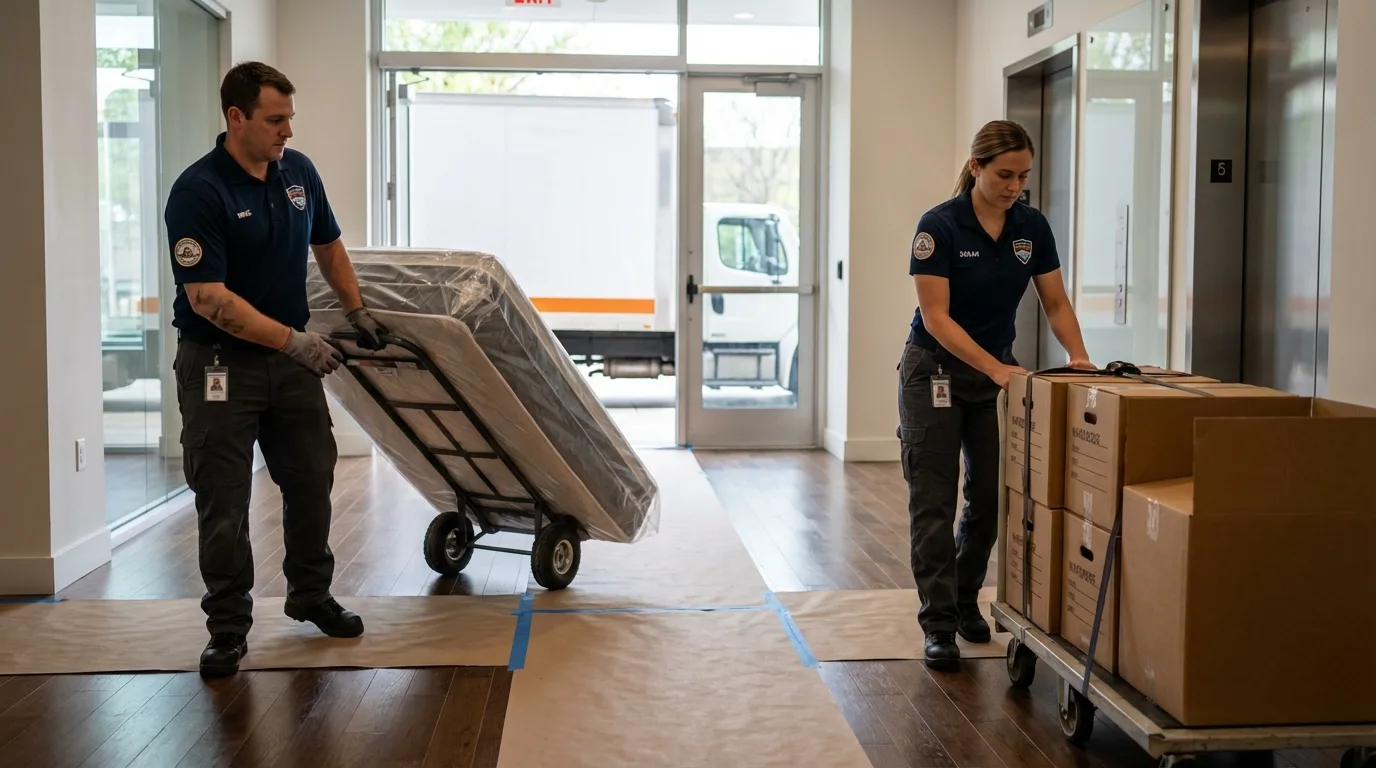 Professional apartment movers loading elevator in Lake City, MN