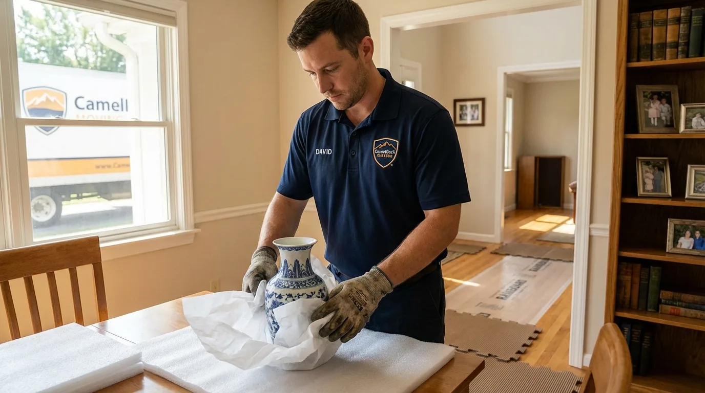 Professional crew carefully wrapping antique vase for senior downsizing move in Lake City, MN